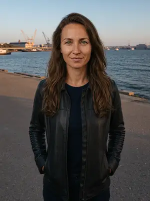 Lena on a quay by the water, with cranes in the distance