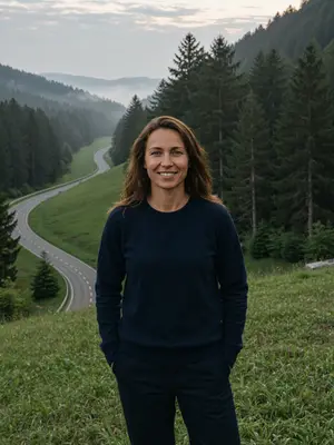 Lena on a green slope above a winding road through a pine forest