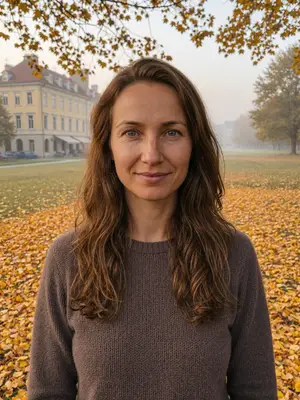 Lena under autumn trees in a park, with fallen leaves all around