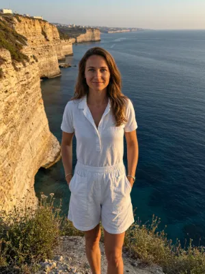 Lena on a limestone cliff above a deep blue sea in the evening light
