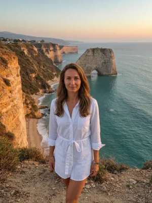 Lena on a cliff top above the sea, with a rock arch in the water below