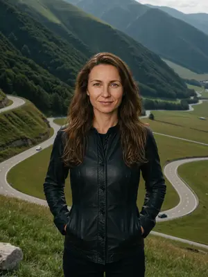 Lena on a grassy slope above a winding mountain road