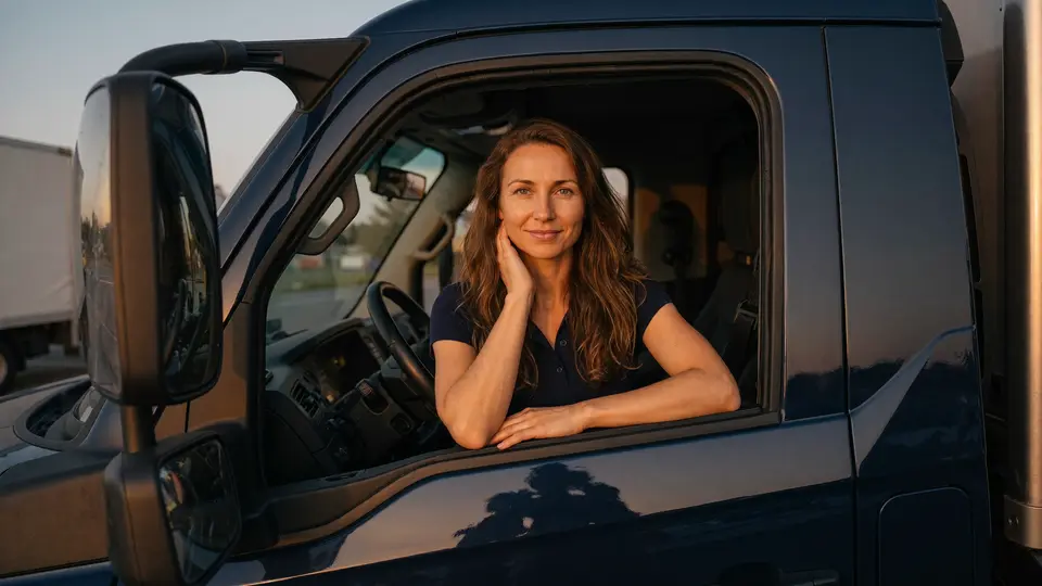 Lena, TruckerVerse's fictional driver, at the open window of her cab in the evening sun