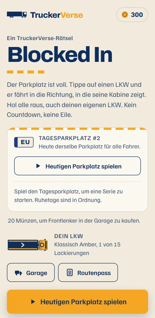 Der Startbildschirm des Spiels: die Karte mit dem heutigen Tagesparkplatz, dein LKW und die Route, eine Zeile pro Land.