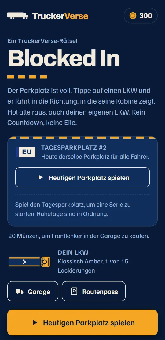 Der Startbildschirm des Spiels: die Karte mit dem heutigen Tagesparkplatz, dein LKW und die Route, eine Zeile pro Land.