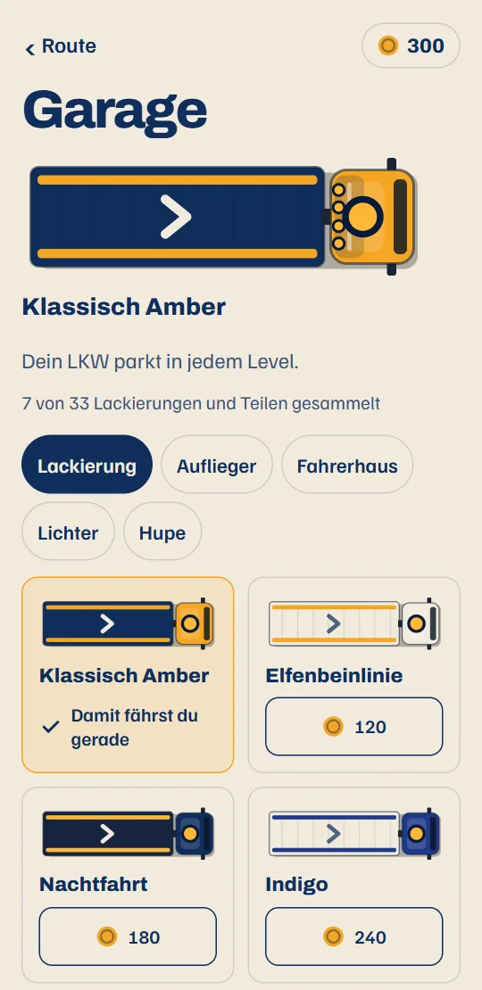 Die Garage: dein LKW in seiner Lackierung, mit den Teilen für Auflieger, Fahrerhaus, Lichtbalken und Hupe.