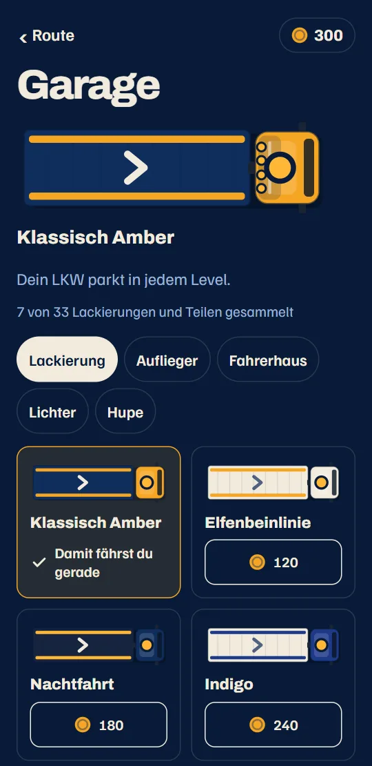 Die Garage: dein LKW in seiner Lackierung, mit den Teilen für Auflieger, Fahrerhaus, Lichtbalken und Hupe.