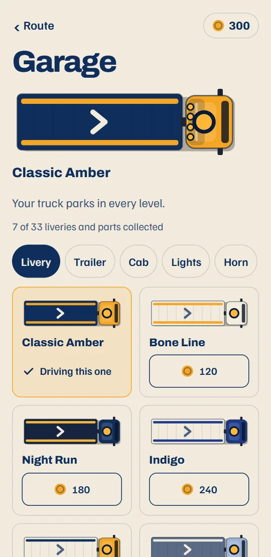 The garage: your truck in its livery, with the parts for the trailer, cab, light bar and horn.