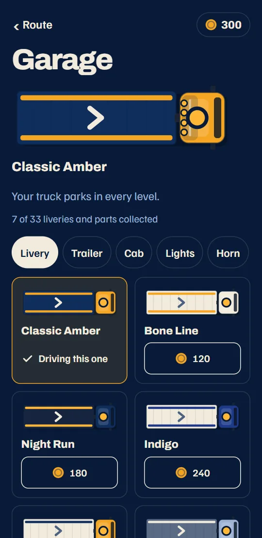 The garage: your truck in its livery, with the parts for the trailer, cab, light bar and horn.