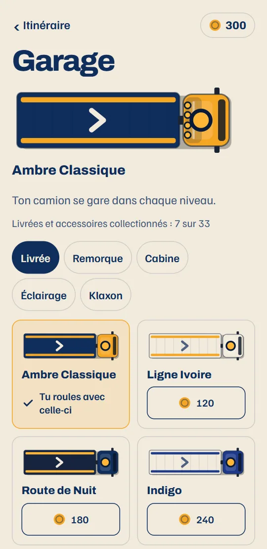 Le garage : ton camion dans sa livrée, avec les éléments pour la remorque, la cabine, la rampe lumineuse et le klaxon.