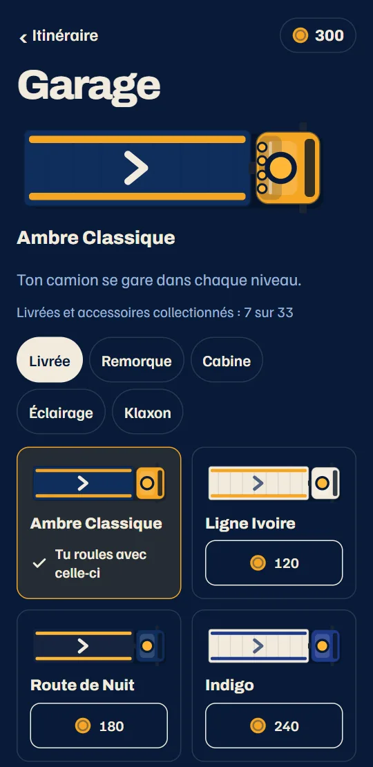 Le garage : ton camion dans sa livrée, avec les éléments pour la remorque, la cabine, la rampe lumineuse et le klaxon.