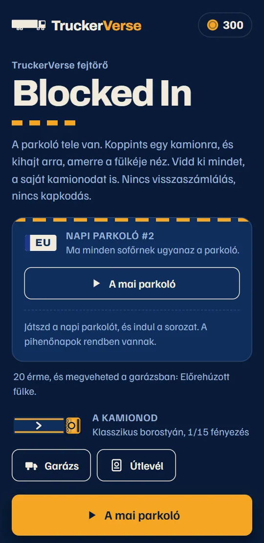 A játék kezdőképernyője: a mai napi parkoló kártyája, a kamionod és az útvonal, országonként egy sorral.