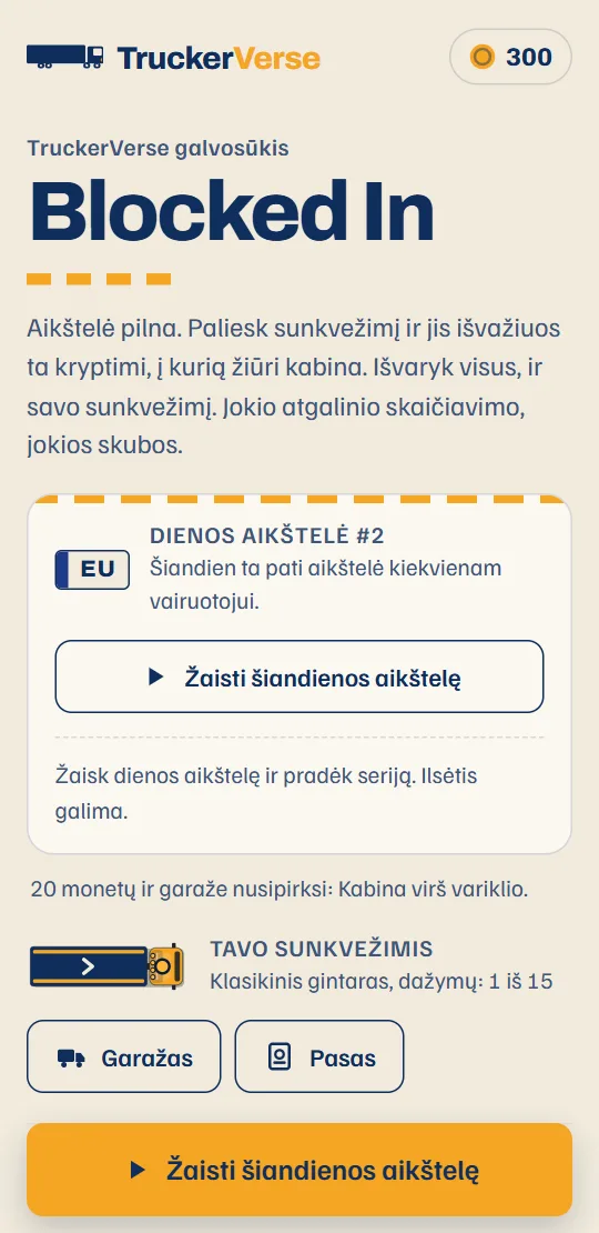 Žaidimo pradžios ekranas: šiandienos dienos aikštelės kortelė, tavo sunkvežimis ir maršrutas, po eilutę kiekvienai šaliai.