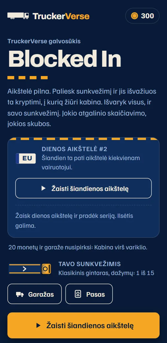 Žaidimo pradžios ekranas: šiandienos dienos aikštelės kortelė, tavo sunkvežimis ir maršrutas, po eilutę kiekvienai šaliai.