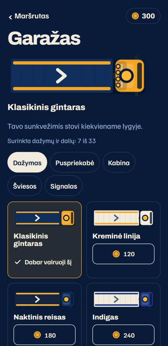 Garažas: tavo sunkvežimis su savo dažymu ir dalys puspriekabei, kabinai, šviesų juostai ir signalui.
