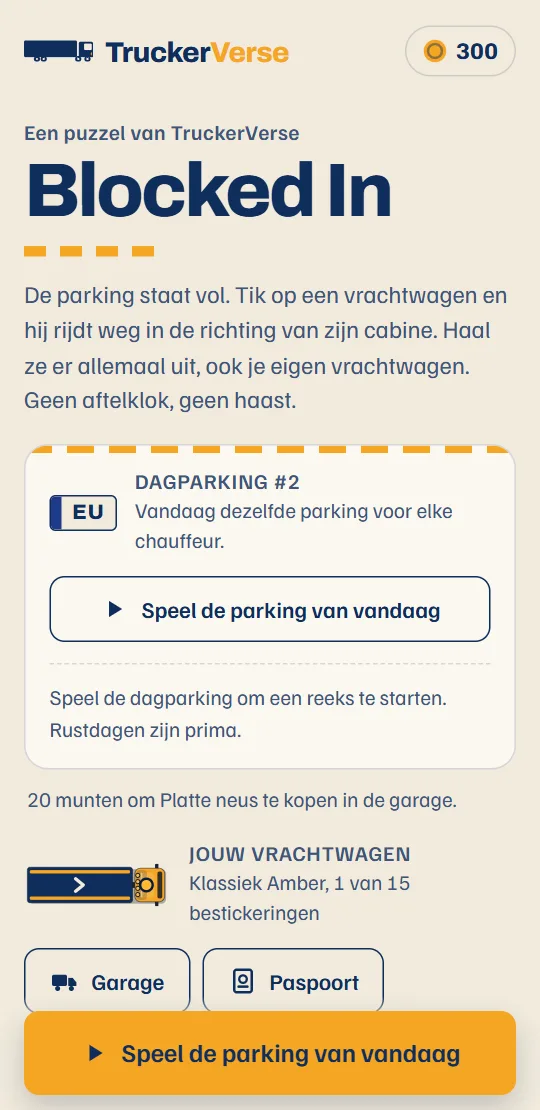 Het startscherm van het spel: de kaart van de dagparking van vandaag, je vrachtwagen en de route, één rij per land.