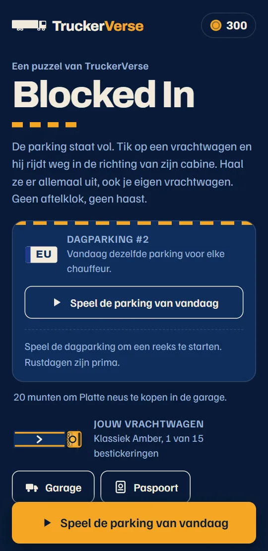 Het startscherm van het spel: de kaart van de dagparking van vandaag, je vrachtwagen en de route, één rij per land.