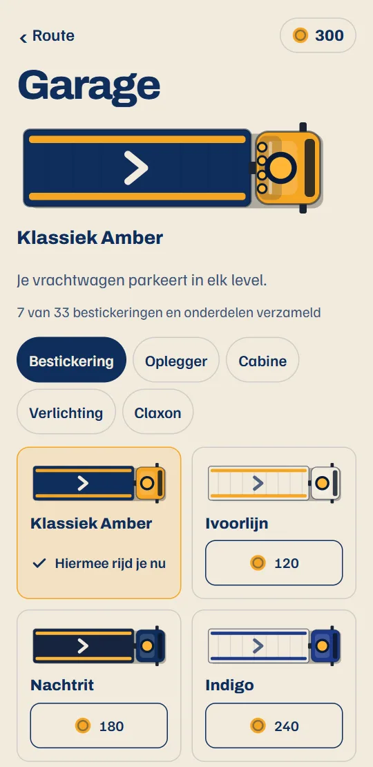 De garage: je vrachtwagen in zijn bestickering, met de onderdelen voor oplegger, cabine, lichtbalk en claxon.