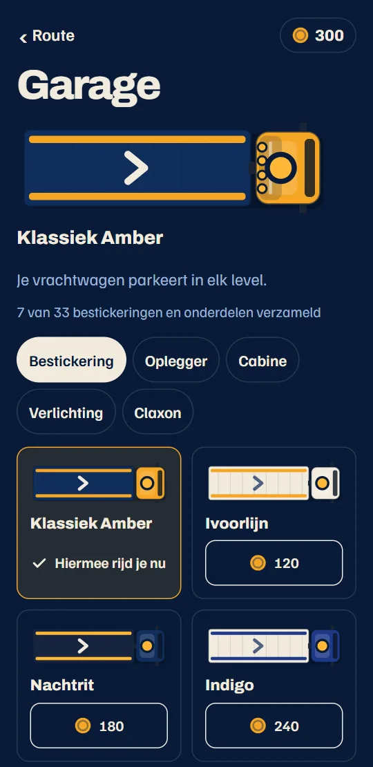 De garage: je vrachtwagen in zijn bestickering, met de onderdelen voor oplegger, cabine, lichtbalk en claxon.