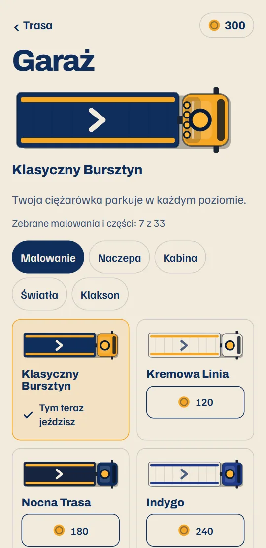 Garaż: twoja ciężarówka w swoim malowaniu i części na naczepę, kabinę, belkę świetlną i klakson.