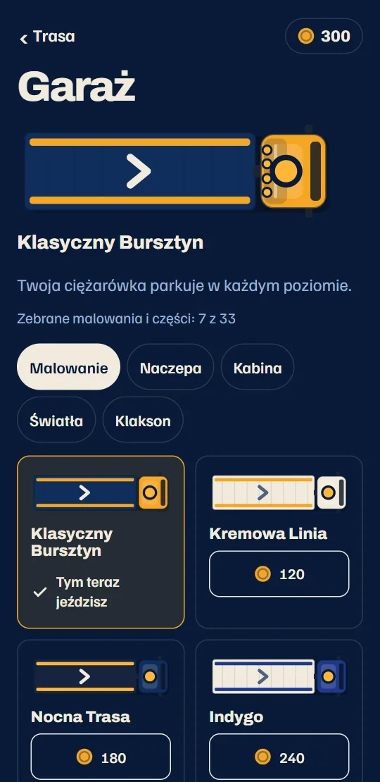 Garaż: twoja ciężarówka w swoim malowaniu i części na naczepę, kabinę, belkę świetlną i klakson.