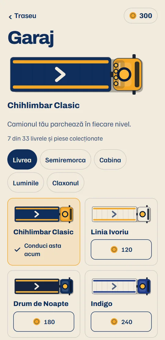 Garajul: camionul tău în livreaua lui, cu piesele pentru semiremorcă, cabină, bara de lumini și claxon.